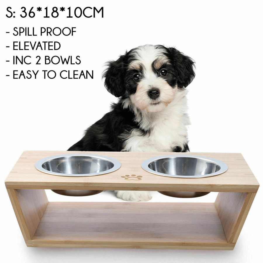 Charlies Natural Bamboo Pet Feeder With Stainless Steel Bowls