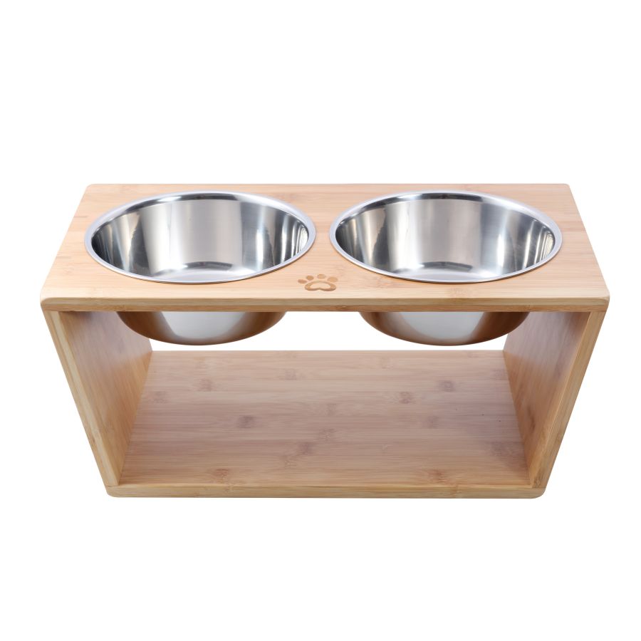 Charlies Natural Bamboo Pet Feeder With Stainless Steel Bowls