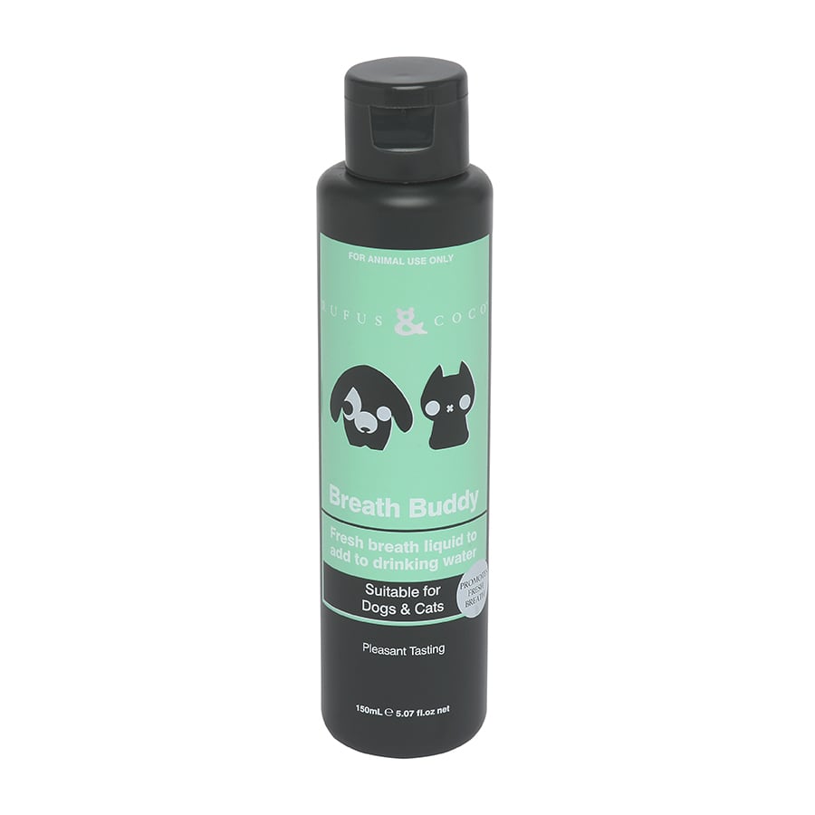 Rufus and Coco Breath Buddy is a dog breath freshener. A safe water additive for dogs and cats that helps to naturally promote fresh, pleasant breath and support healthy teeth and gums. Add our dog breath freshener to your dog's water and allow them to drink as normal.