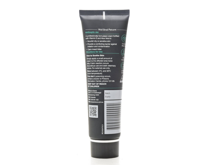 Rufus & Coco's Antiseptic Aid is a nourishing barrier cream to soothe abrasions and bites.