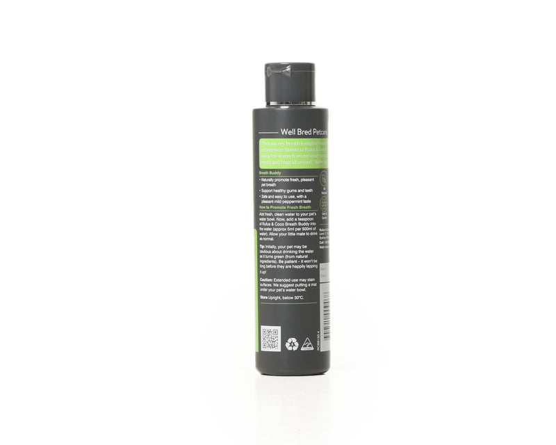 Rufus and Coco Breath Buddy is a dog breath freshener. A safe water additive for dogs and cats that helps to naturally promote fresh, pleasant breath and support healthy teeth and gums. Add our dog breath freshener to your dog's water and allow them to drink as normal.